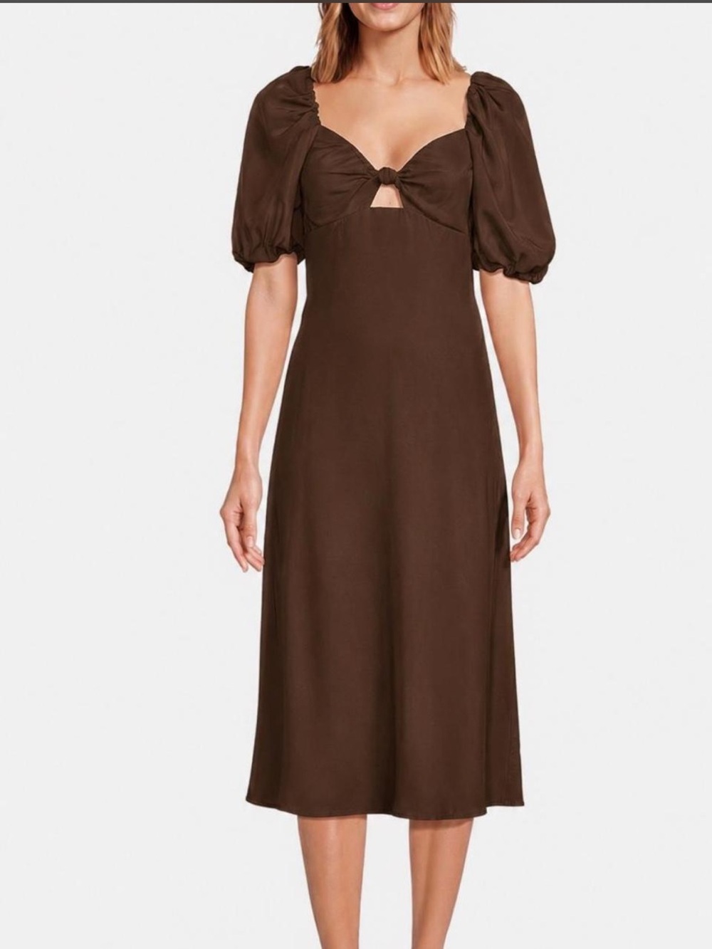 Brown Puff-Sleeve Midi Dress with Front Tie